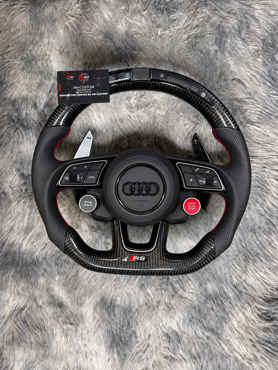 Volante AUDI Fibra de carbono Con cuero microperforado y panel LED de revoluciones / Botonera arranque tipo r8
